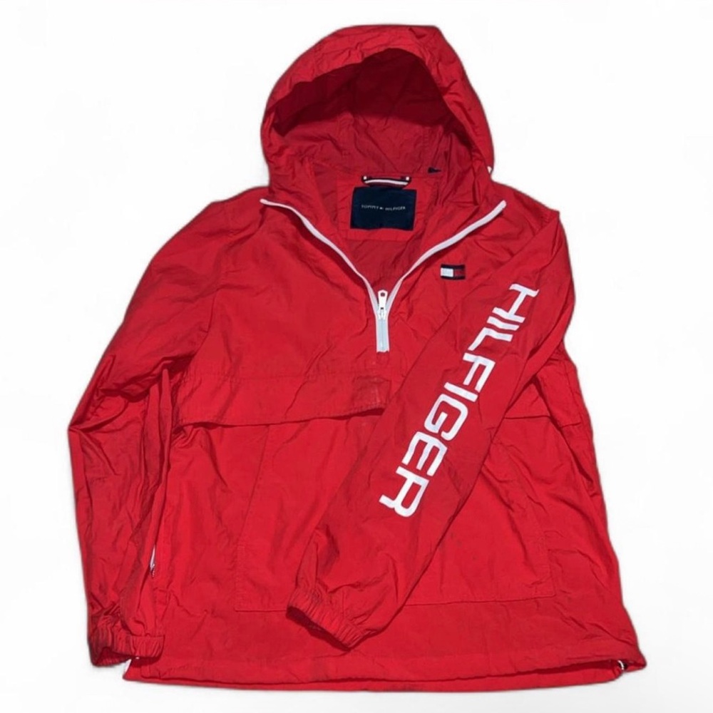 Windbreaker Coat Tommy Hilfiger Red Anorak with White Accents